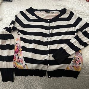 Cotton cardigan- black and white nautical design with floral detail on back.
